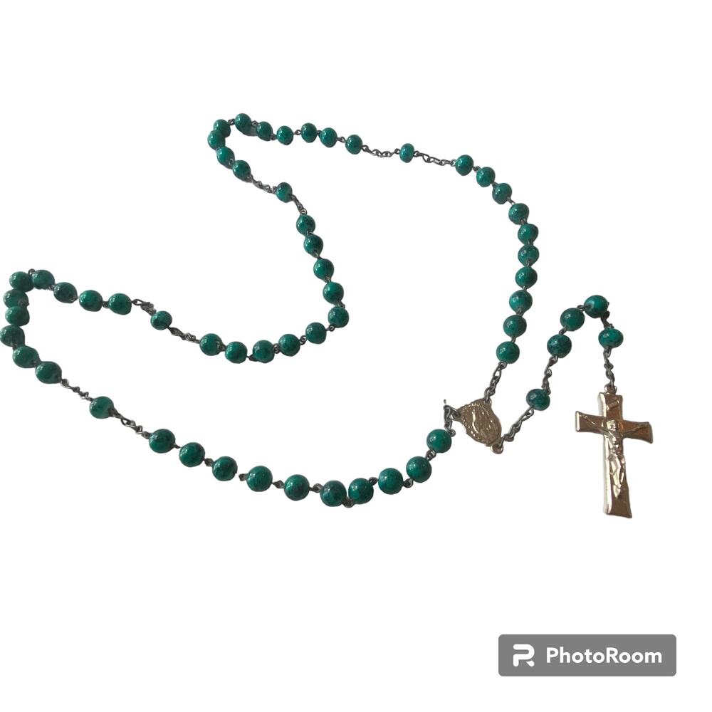 Green Glass Bead Holy Rosary 32" Prayer Crucifix Colorful Christian Religious